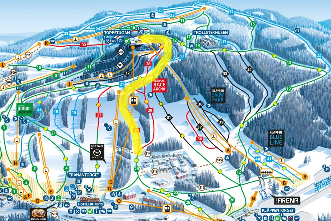 Kläppens pistkarta där den gulmarkerade sträckan visar vilka backar som är avstängda under tävlingen