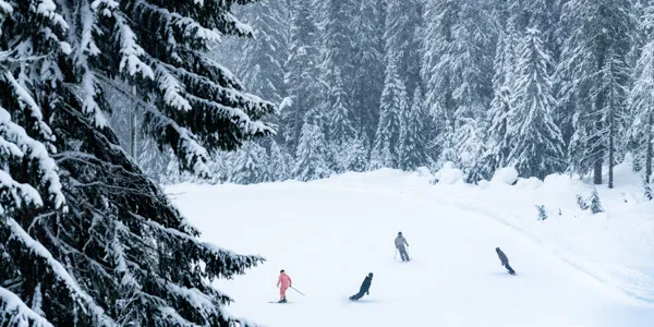 Four descend the snow-filled slopes