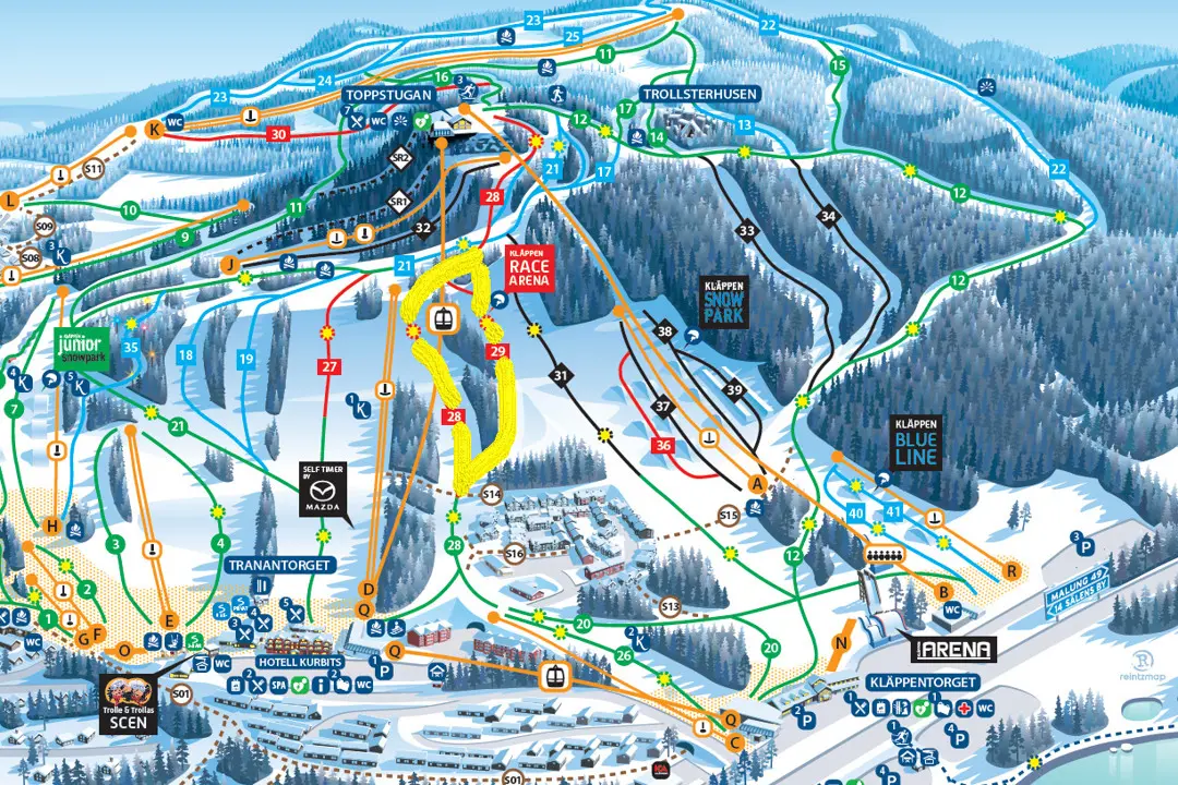 Kläppens pistkarta där den gulmarkerade sträckan visar vilka backar som är avstängda under tävlingen