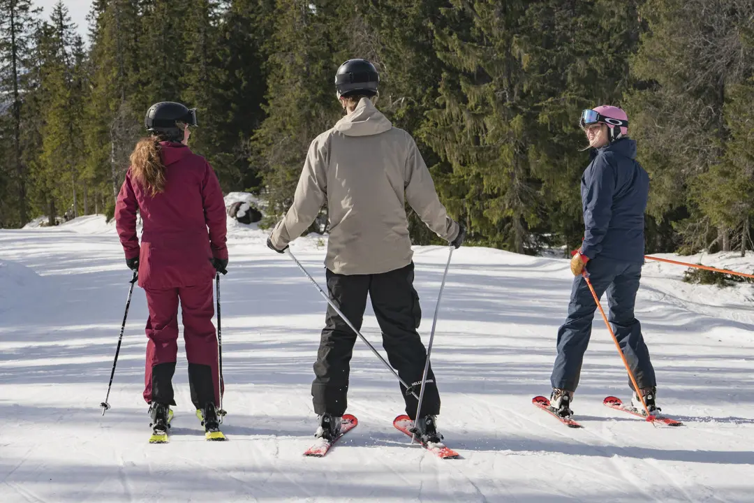 Three alpine skiers are skiing together