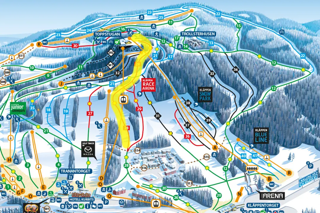 Kläppen's slope map where the yellow-marked section shows which slopes are closed during the competition.