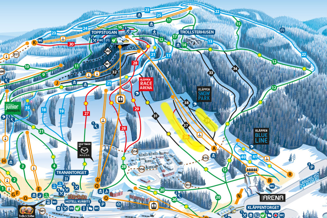 Kläppen's slope map where the yellow-marked section shows which slopes are closed during the competition