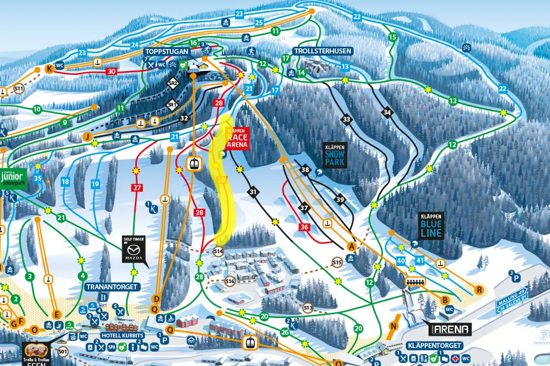 Kläppen's slope map where the yellow-marked section shows which slopes are closed during the competition.