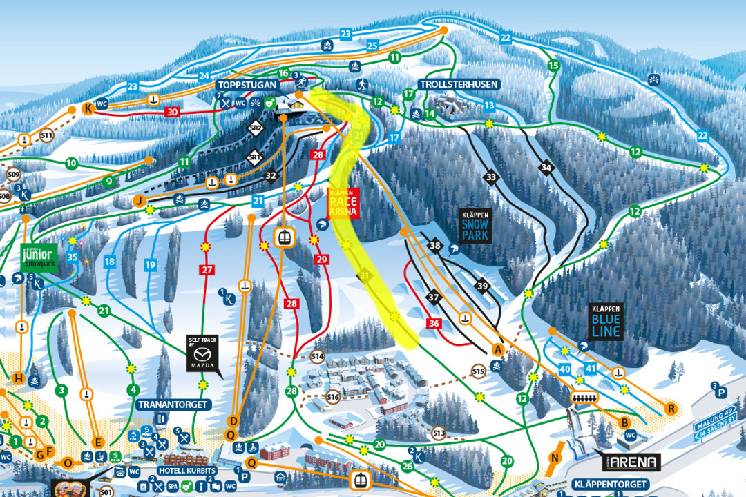 Kläppen's slope map, where the yellow-marked stretch shows which slopes are closed during the competition.