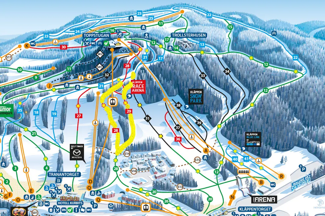 Kläppen's slope map where the yellow-marked section shows which slopes are closed during the competition.