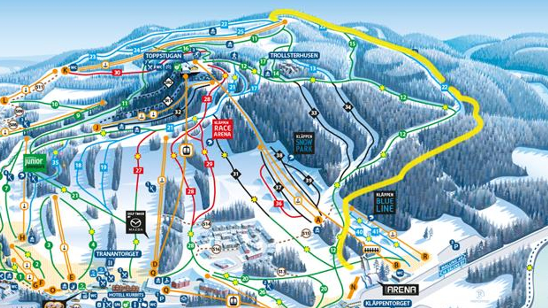 Kläppens pistkarta där den gulmarkerade sträckan visar visar vart Randoneéleden går