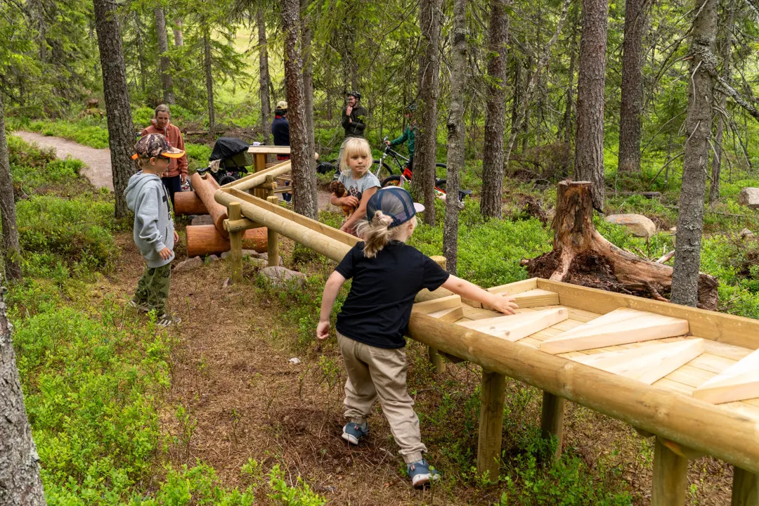 Flera förväntansfulla barn ser på när kulan rullar förbi flera hinder