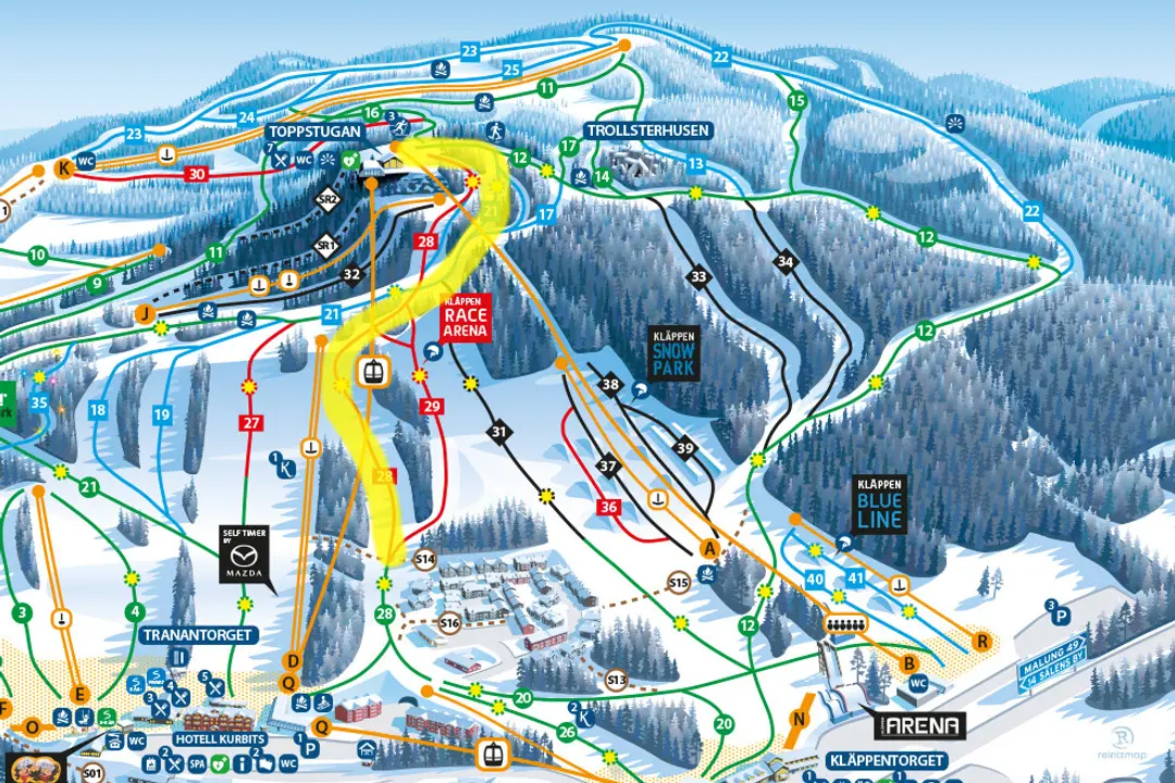 The Kläppen slope map, where the yellow-marked section shows which slopes are closed during the competition.